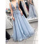 Blue Sexy Deep V Neck Tulle Applique Long Prom Dresses, BGP226