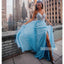 A-line Blue Side Split Beaded Long Prom Dresses FP1153