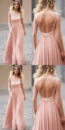 A-line Blush Pink Backless Lace Up Back Long Bridesmaid Dresses, BD0550