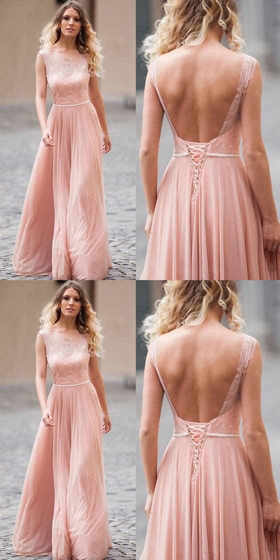 backless bridesmaid dresses A-line Blush Pink Backless Lace Up Back Long Bridesmaid Dresses, BD055 – MarryLover