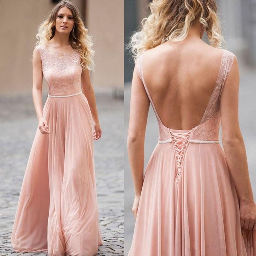 A-line Blush Pink Backless Lace Up Back Long Bridesmaid Dresses