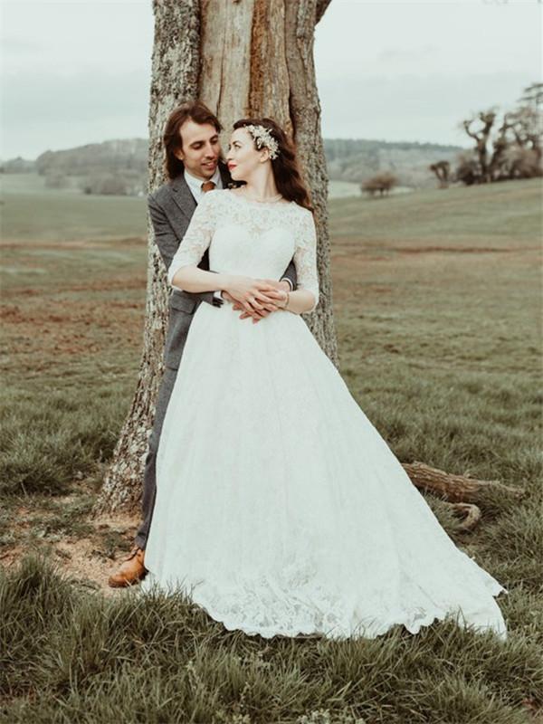 A-line Beteau Neck Half Sleeves Backless Fulle Lace Wedding dresses, W MarryLover A-line Beteau Neck Half Sleeves Backless Fulle Lace Wedding dresses, W MarryLover