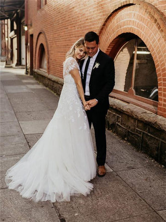 A-line Round Neck V-back Short Sleeves Appliques Tulle Wedding dresses, WD0423