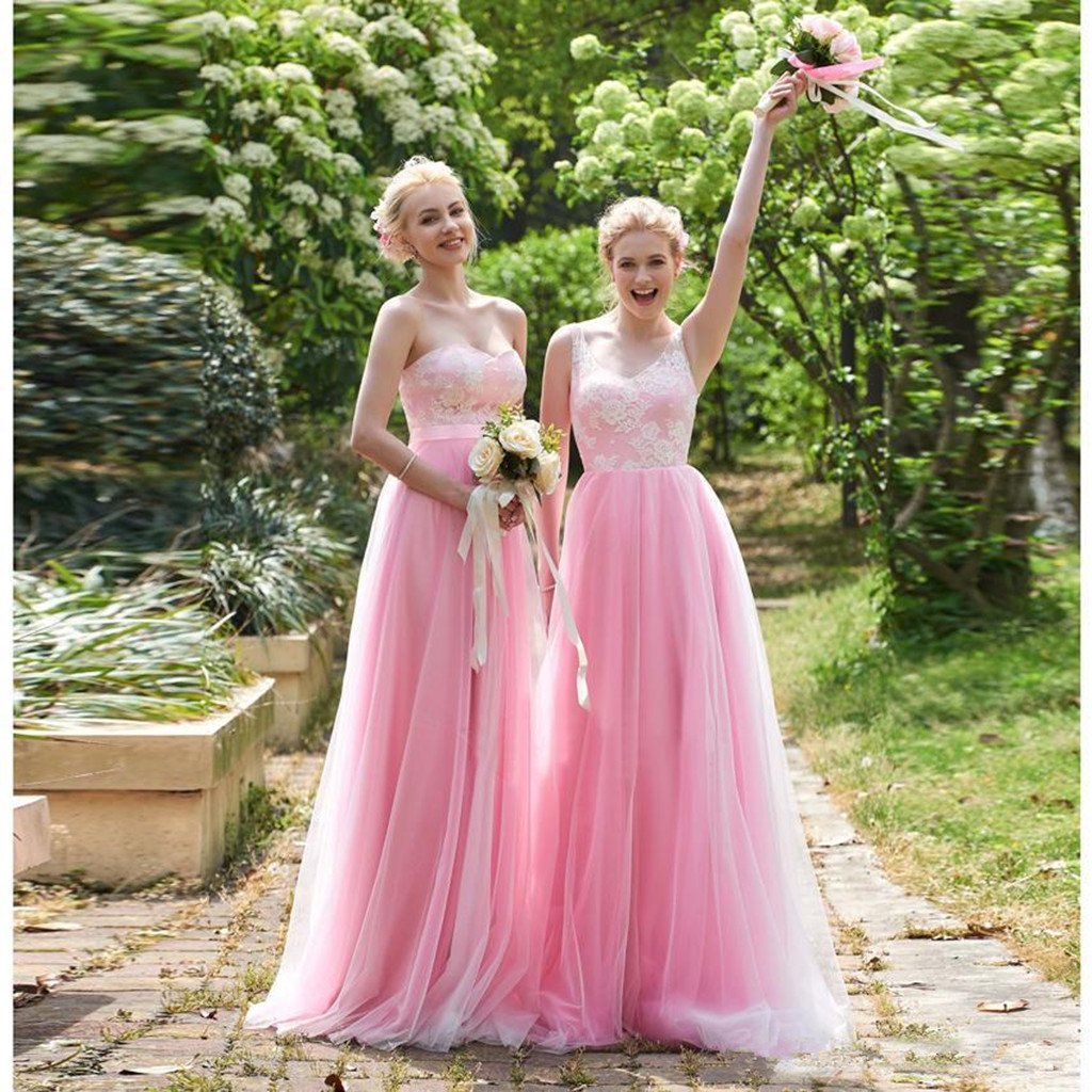 A-line V-Neck Pink Sleeveless Applique Tulle Bridesmaid Dresses, BD055 MarryLover A-line V-Neck Pink Sleeveless Applique Tulle Bridesmaid Dresses, BD055 MarryLover