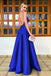 Floor-length Spaghetti Straps V-neck Backless Royal Blue Long Prom Dresses, PD0146