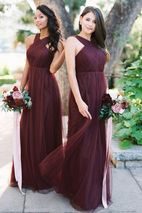 A-line Floor-length Burgundy Sleeveless Tulle Bridesmaid Dresses, BD0556