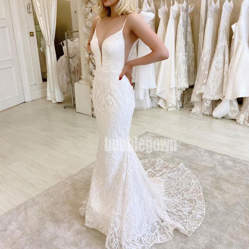 Charming Open-back  Mermaid Lace Bridal Long Wedding Dresses, BGH007