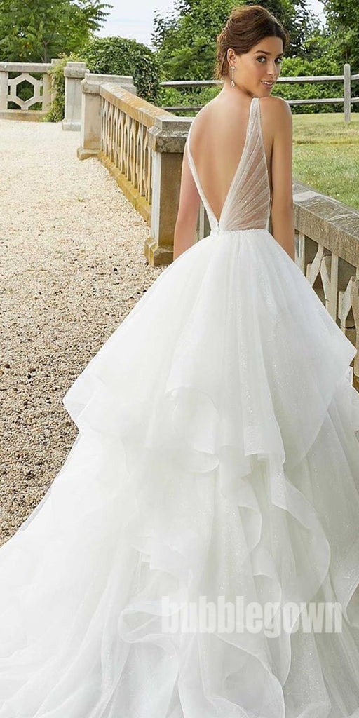 Charming V-back Elegant Tulle Bridal Long Wedding Dresses, BGH008