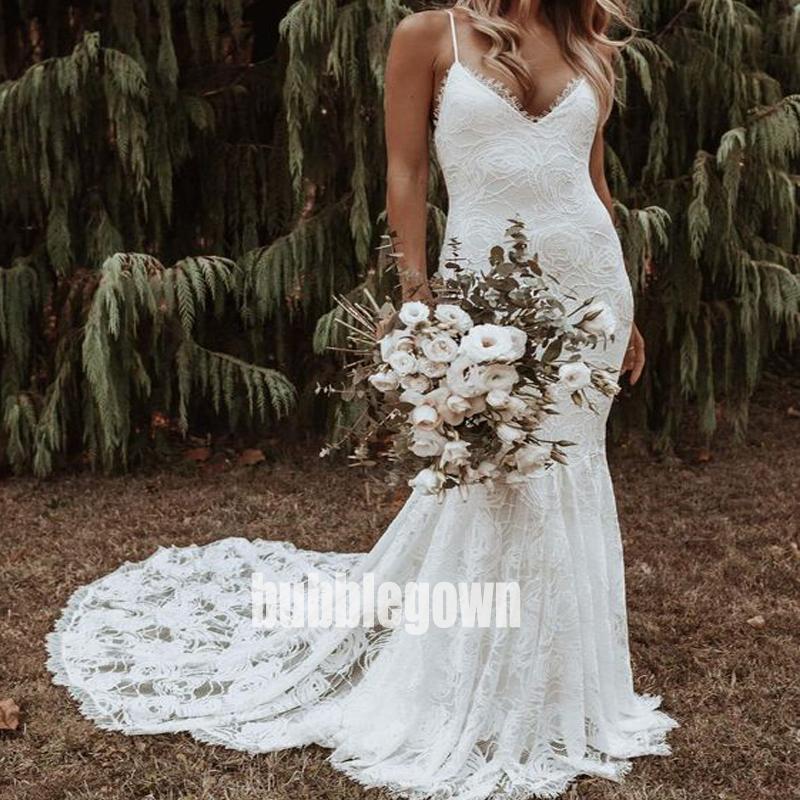 white spaghetti strap mermaid dress White Spaghetti Straps Mermaid Wedding Dress VK23101704 Vickidress