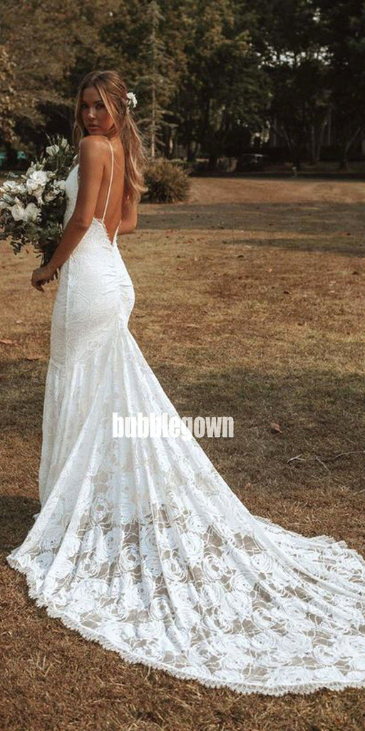 Charming V-neck Spaghetti Strap Mermaid Lace  Long Wedding Dresses, BGH017