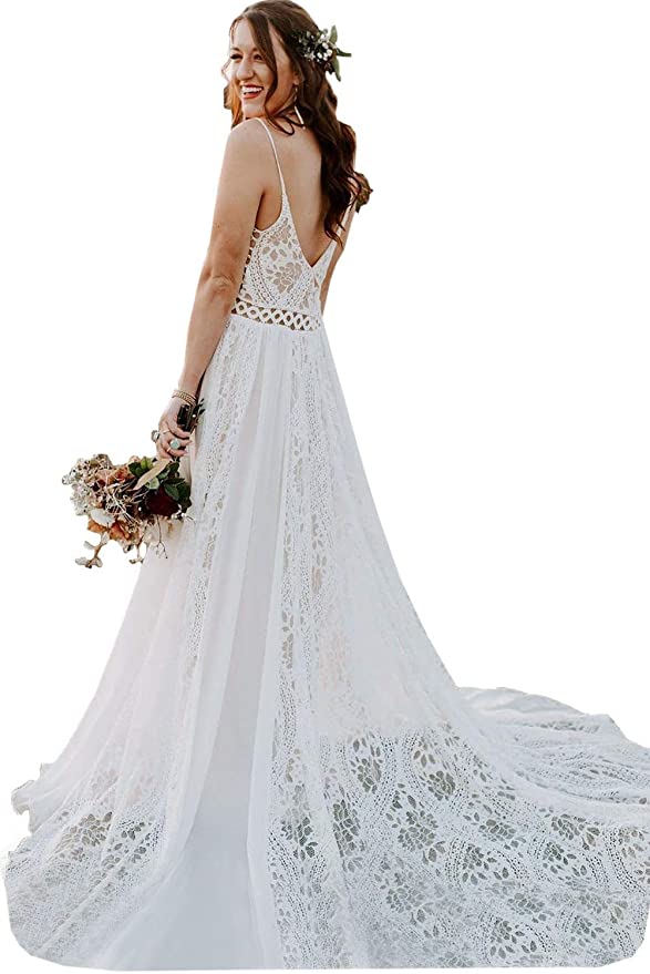 Elegant Spaghetti Strap V-neck Lace Dream Wedding Dresses, BGH055