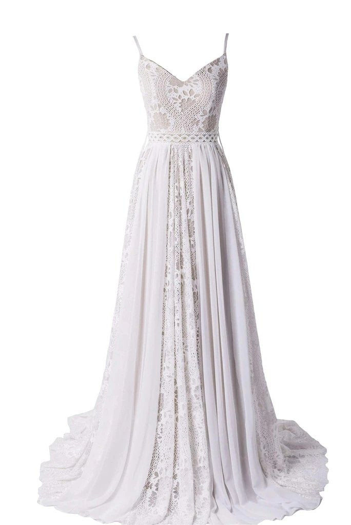Elegant Spaghetti Strap V-neck Lace Dream Wedding Dresses, BGH055
