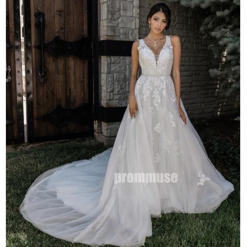 Charming White V-neck Open Back Tulle Long Wedding Dresses, PWD009