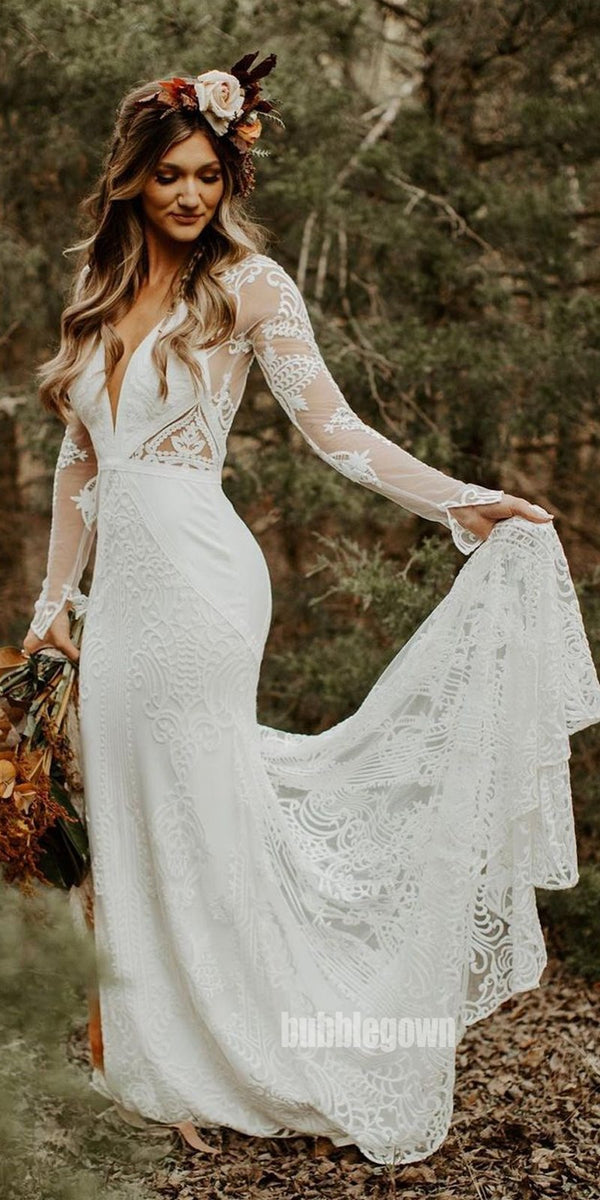 Elegant V-neck Long Sleeves Mermaid Lace Wedding Dresses, BGH087 MarryLover Elegant V-neck Long Sleeves Mermaid Lace Wedding Dresses, BGH087 MarryLover