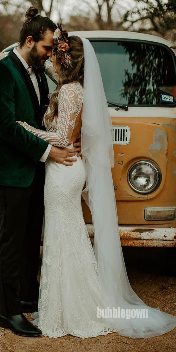 Elegant V-neck Long Sleeves Mermaid Lace Wedding Dresses, BGH087 Elegant V-neck Long Sleeves Mermaid Lace Wedding Dresses, BGH087