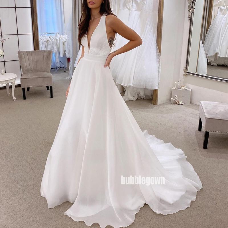 Charming White V-neck Chinffon Long Wedding Dresses, BGH090 MarryLover Charming White V-neck Chinffon Long Wedding Dresses, BGH090 MarryLover