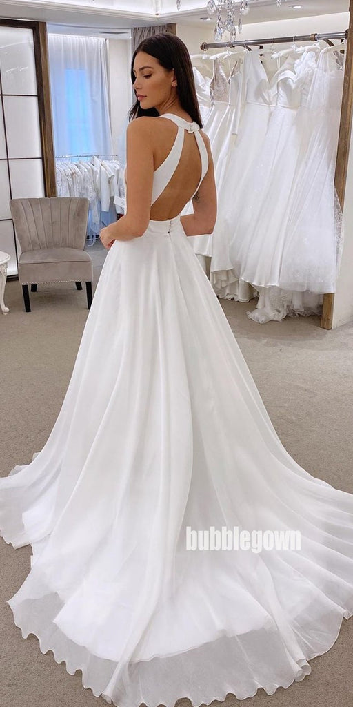 Charming White V-neck Chinffon Long Wedding Dresses, BGH090