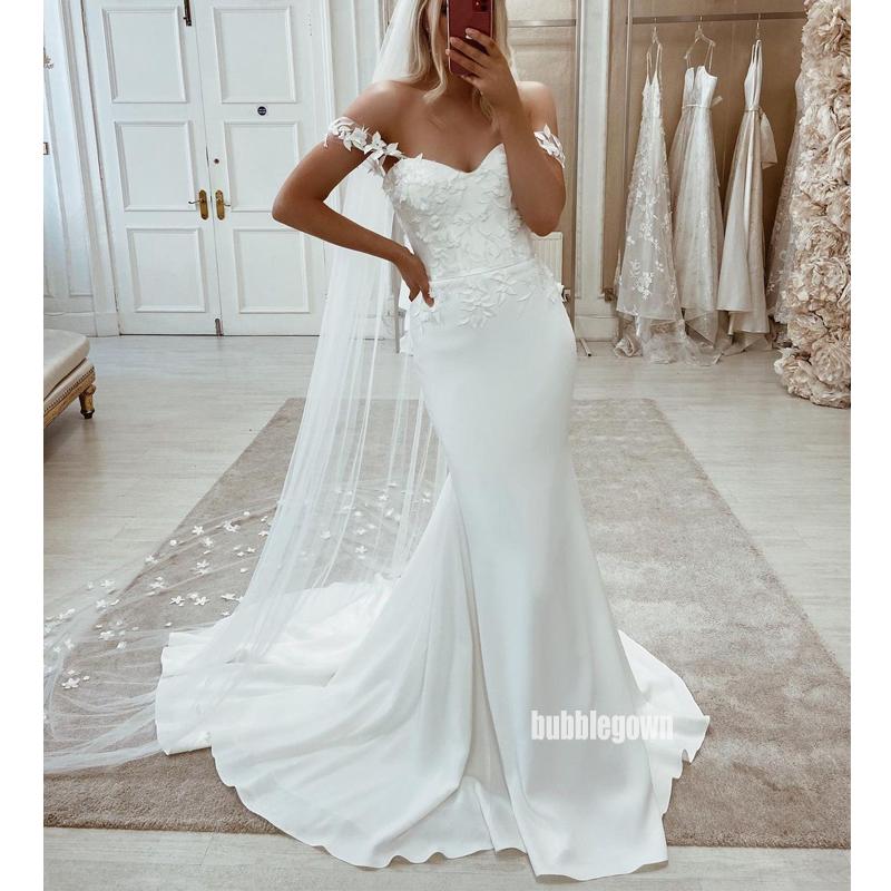 Elegant Off Shoulder White Applique Mermaid Long Wedding Dresses, BGH099