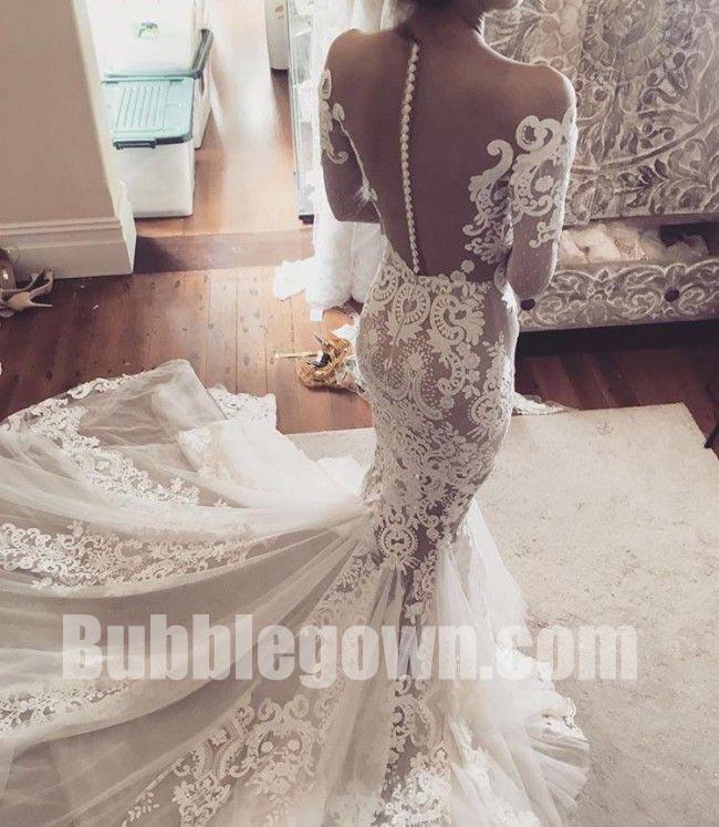Long Sleeves Seen Through Applique Lace Mermaid Bridal Long Wedding Dresses, BGW011 - Bubble Gown