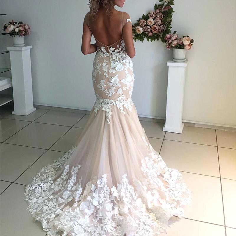 Affordable Cap Sleeves Mermaid Applique Bridal Long Wedding Dresses, BGP271 - Bubble Gown