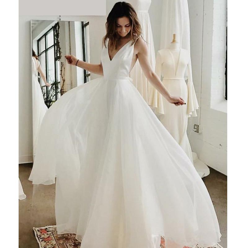 Simple Cheap V Neck A Line Beach Bridal Long Wedding Dresses, BGP273
