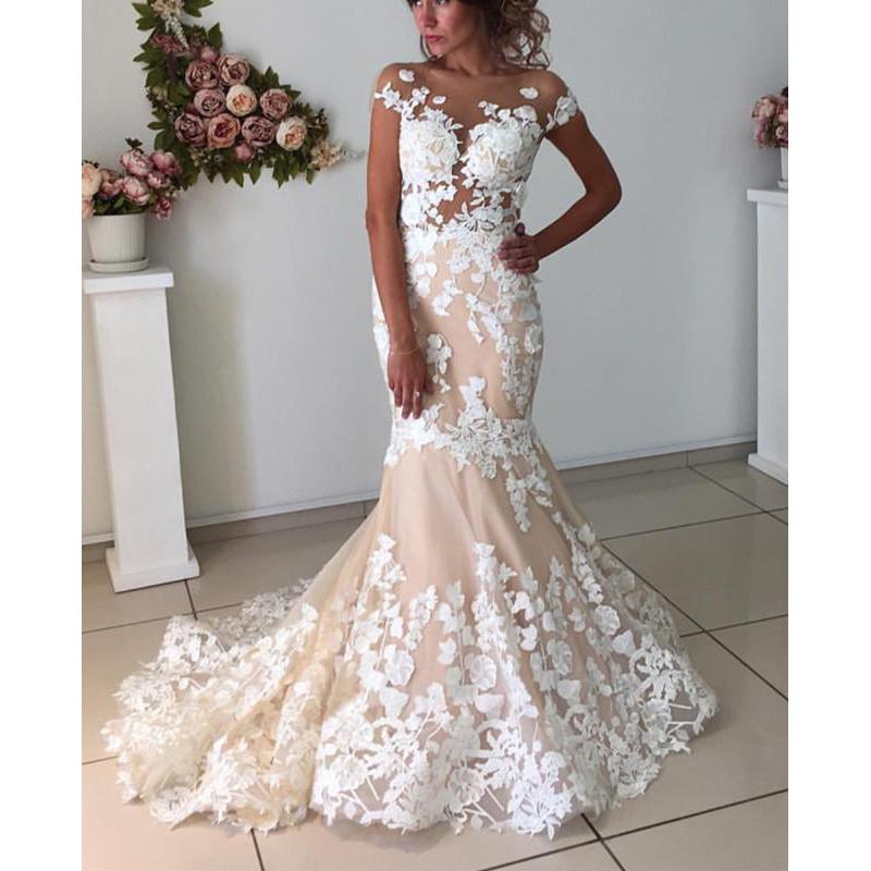 Affordable Cap Sleeves Mermaid Applique Bridal Long Wedding Dresses, BGP271 - Bubble Gown