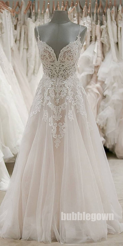 A Line Formal Spaghetti Strap Tulle Lace Cheap Long Wedding Dresses, BGP276