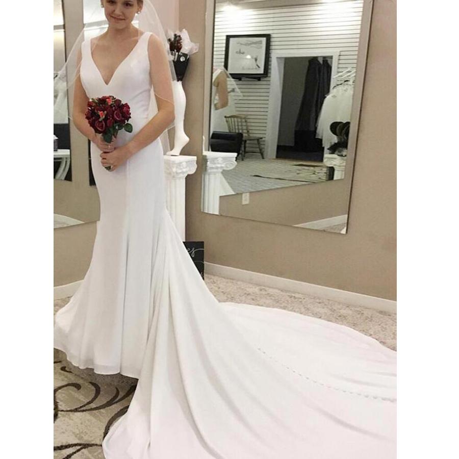 Elegant Simple Cheap V Neck Mermaid Long Bridal Wedding Dresses, BGP245 - Bubble Gown