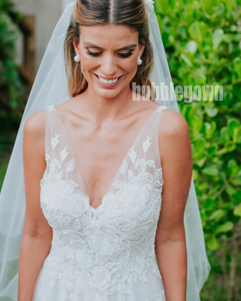 Charming Unique V-neck Lace A Line Bridal Long Wedding Dresses, BGH002